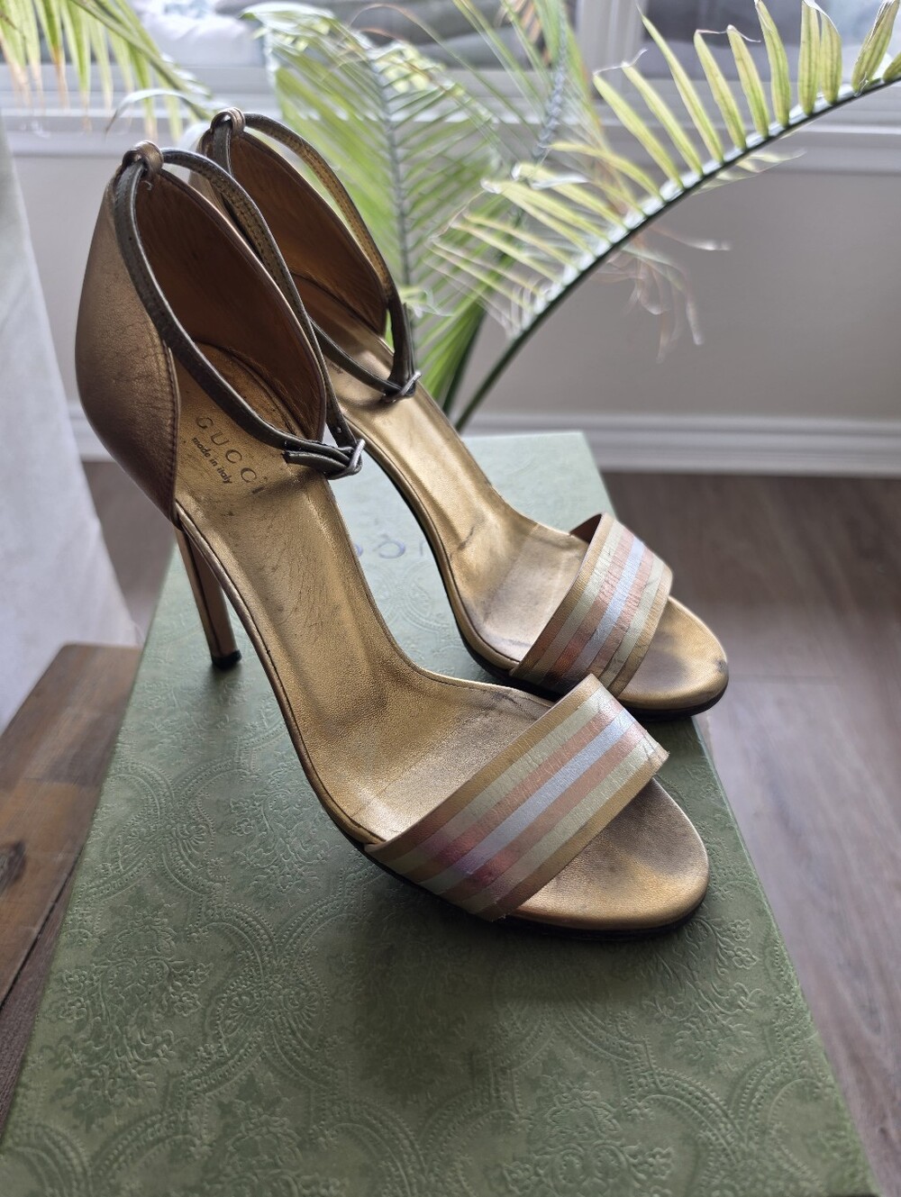 Gucci Gold Metallic Strappy High Heel Sandals